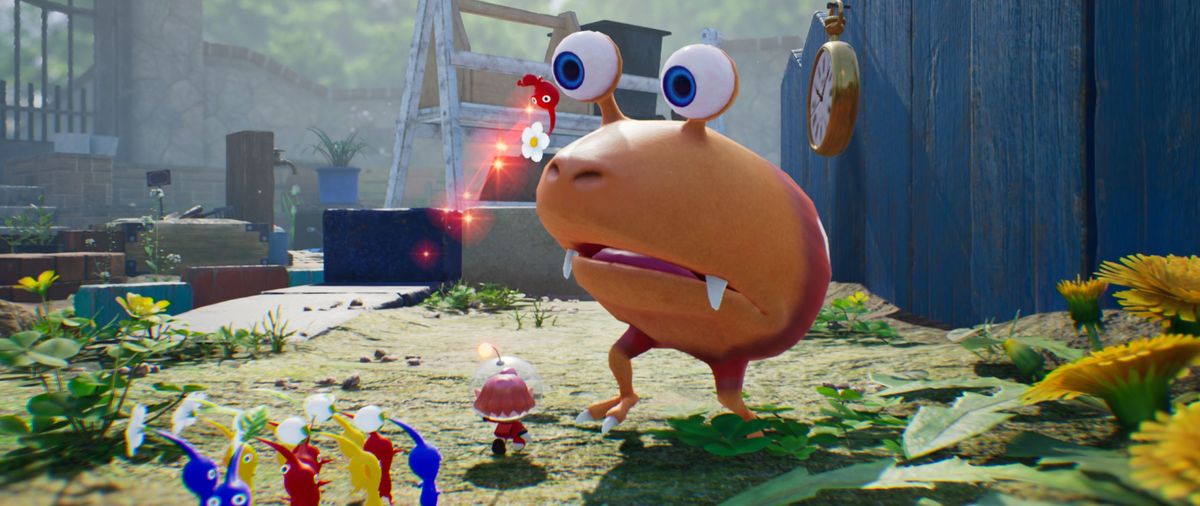 Pikmin facing off with a bug in Pikmin 4