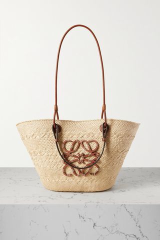 + Paula's Ibiza Medium Leather-Trimmed Woven Raffia Tote