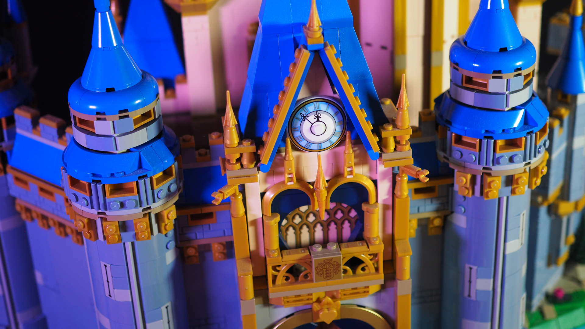 The front of the Lego Disney Castle set, including the central clock and balcony