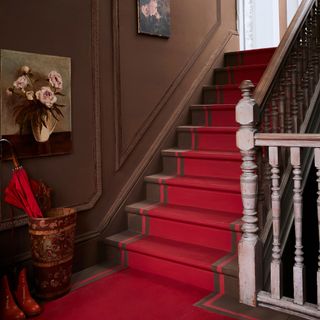 Dark brown hallway with runner painted in a bright red