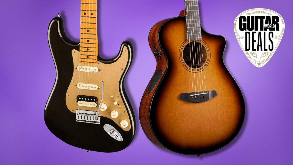 A Fender Stratocaster electric guitar and Breelove acoustic guitar next to each other on a purple background