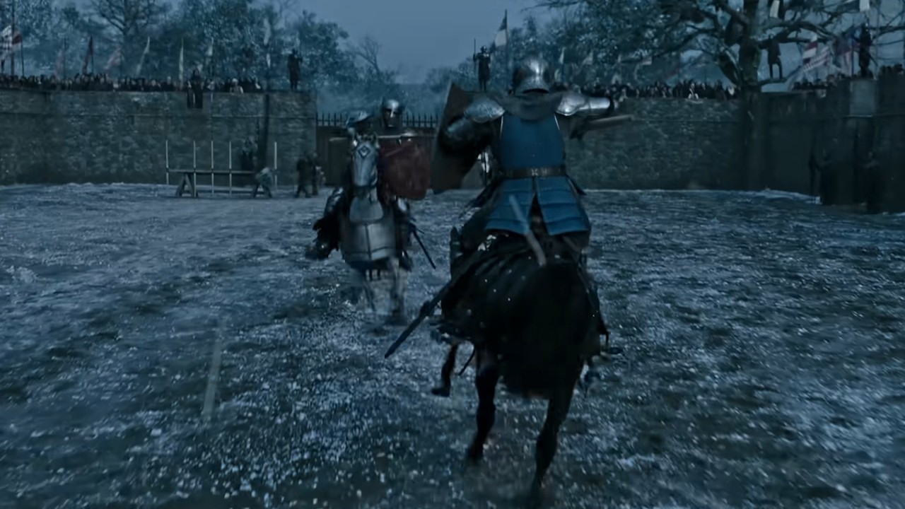 Two knights racing toward each other in The Last Duel