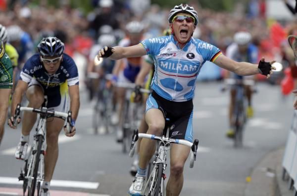 Fabian Wegmann (Milram) savours his victory after crossing the line