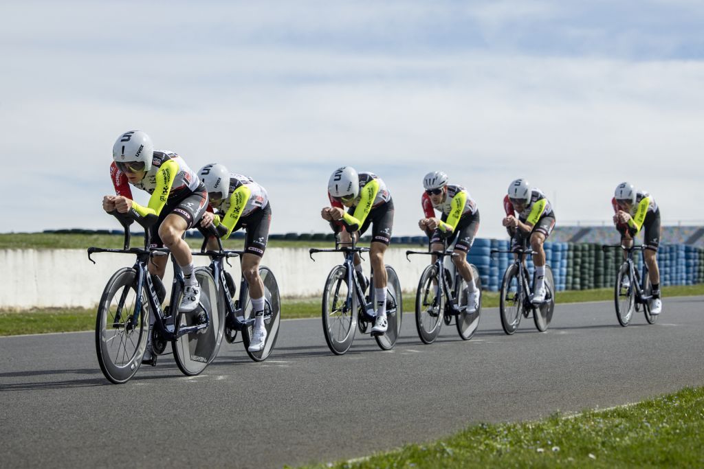 Intermarche-Wanty riderse pictured during the warming up ahead of stage three of the 83th edition of the Paris-Nice cycling race, a 28,4km team time trial at the Nevers Magny-Cours racetrack, in Nevers, France, Tuesday 11 March 2025. BELGA PHOTO DAVID PINTENS (Photo by DAVID PINTENS / BELGA MAG / Belga via AFP)
