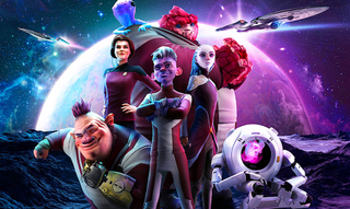 colorful aliens and a humanoid robot stand on a purple alien planet with disc-shaped starships above them