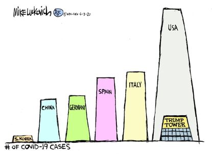 Political Cartoon U.S. Trump COVID-19 China Italy tower death totals rate