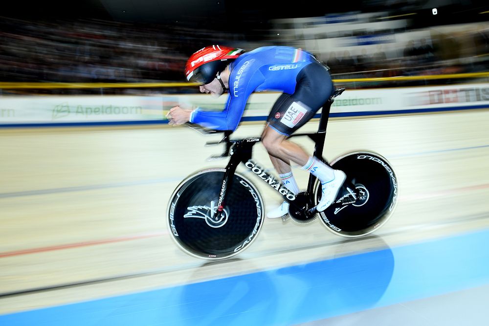 Italy's Filippo Ganna competes in the men's individual pursuit race final during the UCI Track Cycling World Championships