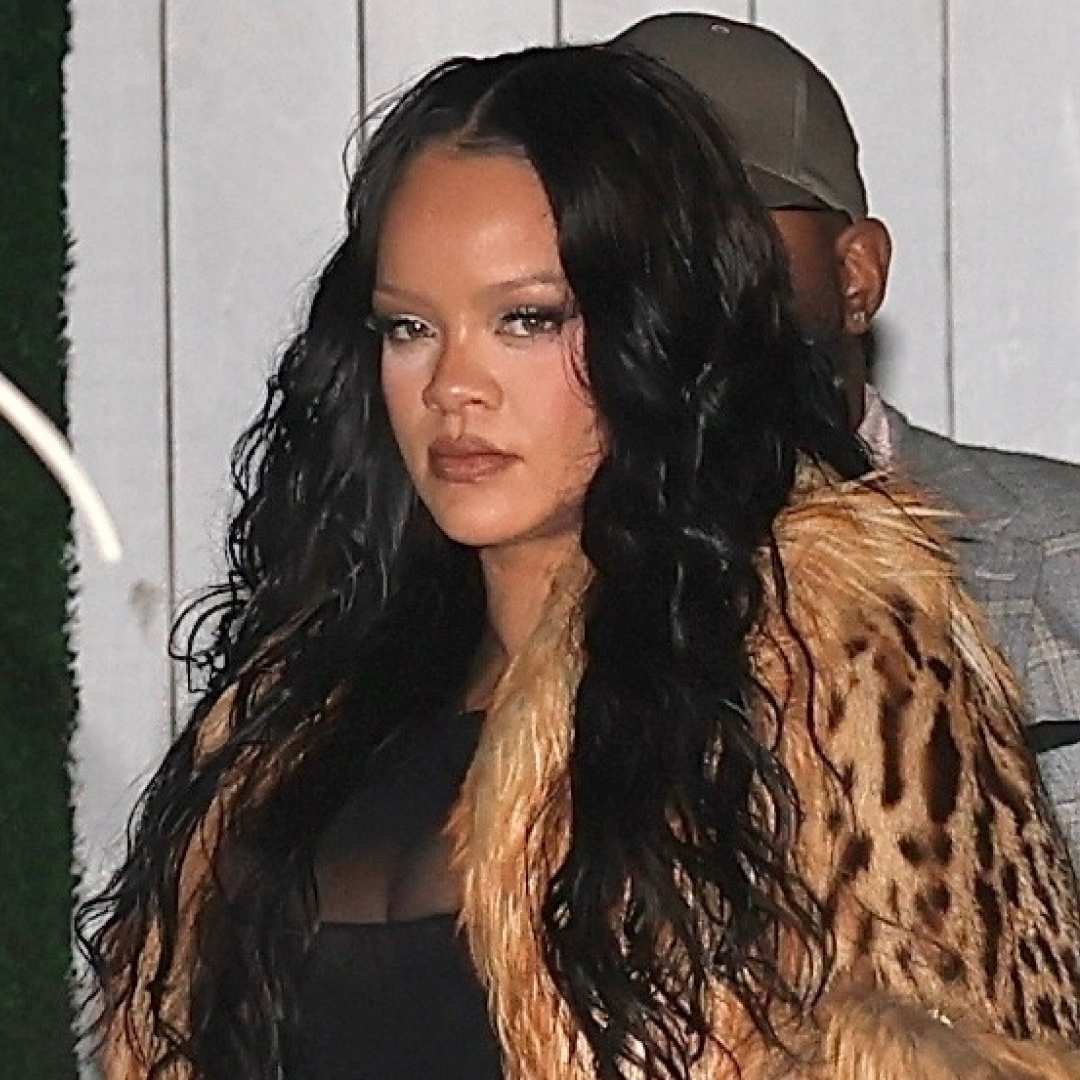 Rihanna wears a vintage Gucci by Tom Ford 1999 fur jacket with a sheer black dress to celebrate her 38th birthday