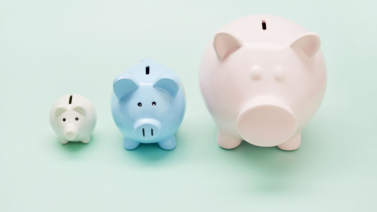 Three piggy banks in ascending order by size against a turquoise background. 