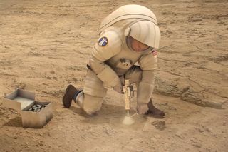 Artist's impression of an astronaut on Mars. Conveniently, Mars has a friendly surface gravity for Earth-arriving astronauts, but most planets in the solar system do not.