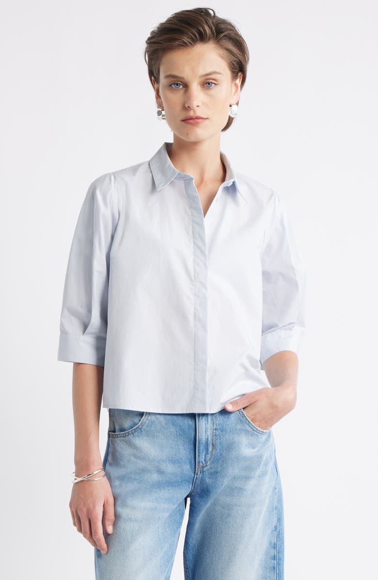 Crop Puff Sleeve Cotton Button-Up Shirt