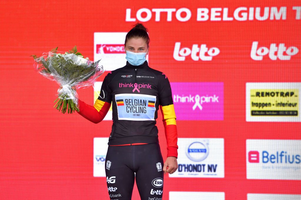 CHIMAY BELGIUM JUNE 22 Lotte Kopecky of Belgium and Belgium National Team Black Queen of the Stones Jersey celebrates at podium during the 9th Lotto Belgium Tour 2021 Prologue a 44km Individual Time Trial stage from Chimay to Chimay ITT LottoBelgTour LottoBelgiumTour on June 22 2021 in Chimay Belgium Photo by Luc ClaessenGetty Images