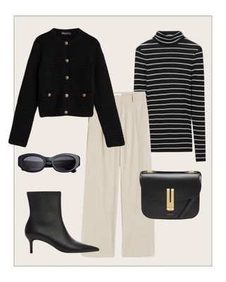 M&S textured jacket, striped top, cream tailored trousers, black boots, sunglasses