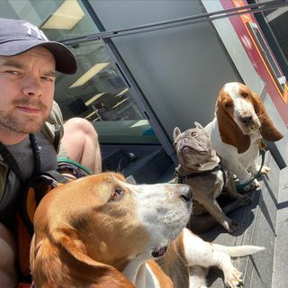 Russell Tovey is pictured with his dogs Rocky, Cooper and Archie 
