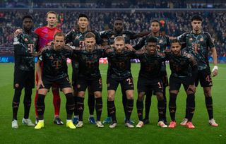 (Back row from left to rught) Alphonso Davies, Manuel Neuer, Kim Min-Jae, Dayot Upamecano, Michael Olise, Aleksandar Pavlovic, (front row from left to right) Harry Kane, Joshua Kimmich, Konrad Laimer, Kingsley Coman and Serge Gnabry of Bayern line up for the team photos prior to the UEFA Champions League 2024/25 League Phase MD2 match between Aston Villa FC and FC Bayern Munchen at Villa Park on October 2, 2024 in Birmingham, England.