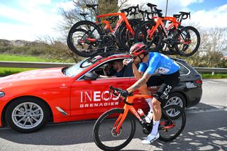 Filippo Ganna in the blue leaders jersey on stage two of Tirreno-Adriatico 2025