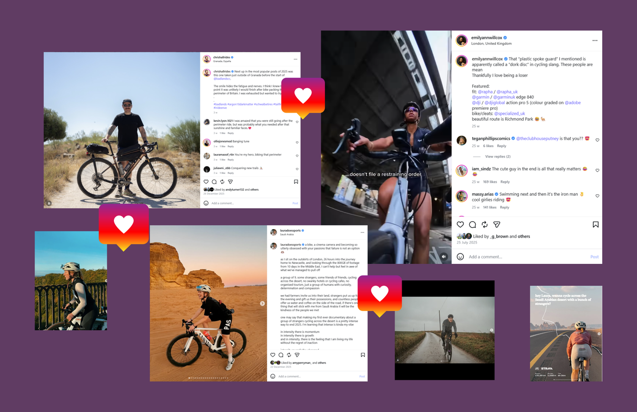 Screenshots of people riding bikes on a purple background.