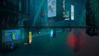 A screengrab from the game Split Fiction showing a cyberpunk city