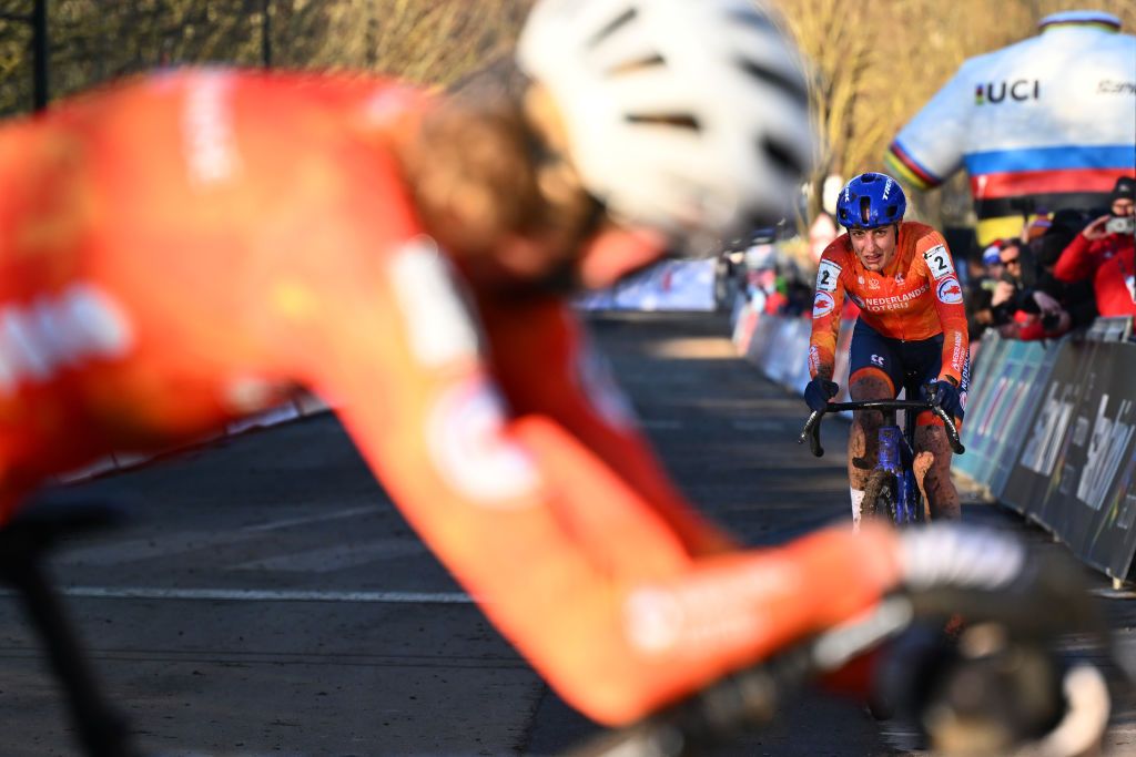 LIEVIN FRANCE FEBRUARY 01 Silver medalist Lucinda Brand of Netherlands of Belgium celebrates winning after the 76th UCI CycloCross World Championships 2025 Womens Elite on February 01 2025 in Lievin France Photo by Luc ClaessenGetty Images
