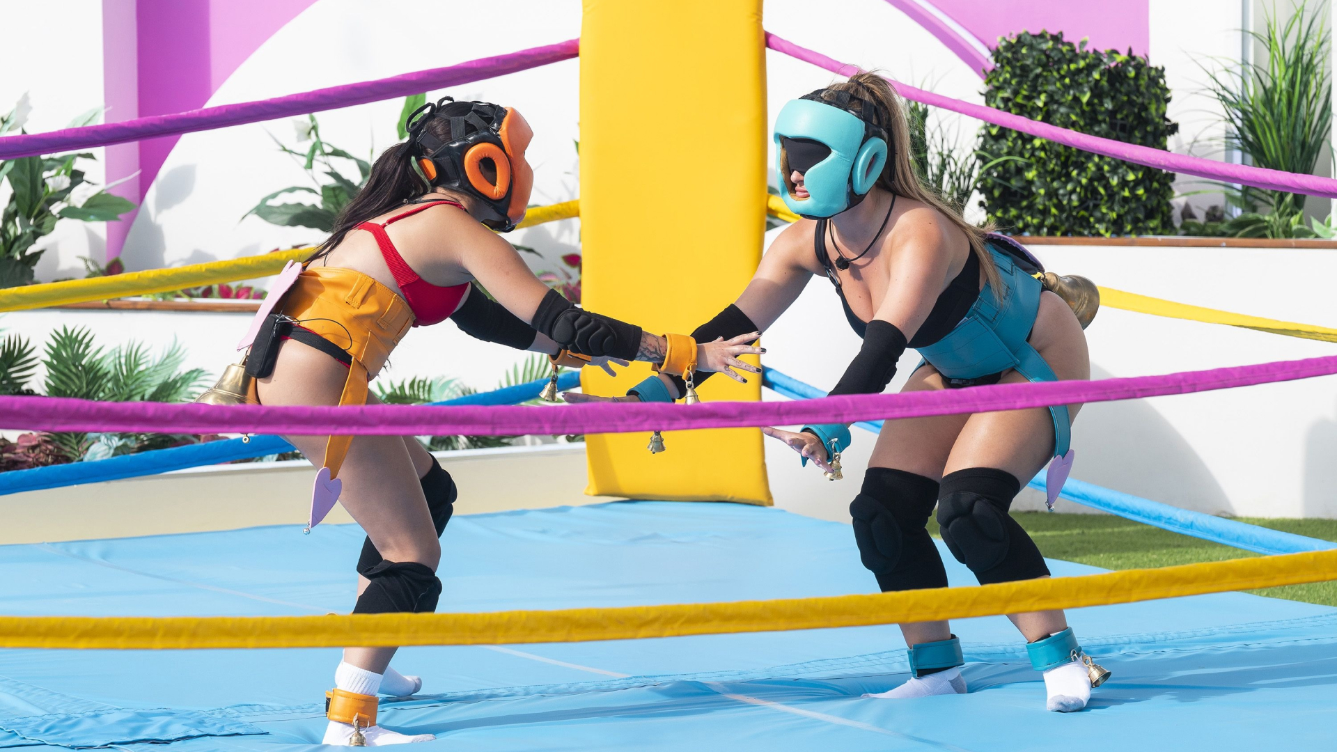 Two women prepare to fight in an outdoor wrestling ring, in &#039;Love Island Games.&#039;