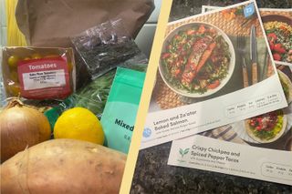 a split template showing the Green Chef packaging and recipe cards