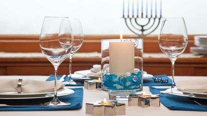 Blue Hanukkah table decor