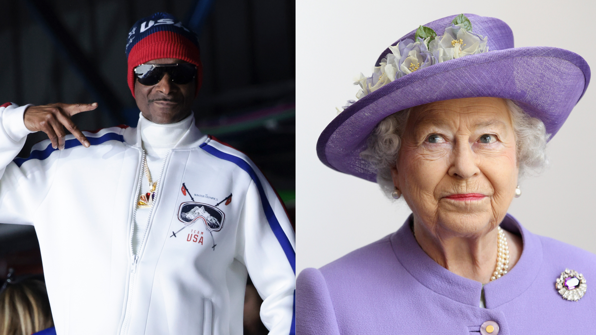 Snoop Dogg in a team USA outfit making a hand gesture; Queen Elizabeth wearing a purple hat and coat
