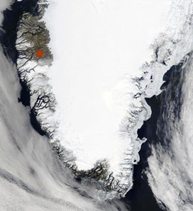 Satellite photo showing the southern portion of the Greenland ice sheet. The red dot marks Kangerlussuaq, the base of operations for the researchers.