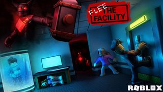 En promobild för Roblox-spelet Flee the Facility, där två karaktärer desperat försöker fly från ett rum medan en fiende närmar sig.