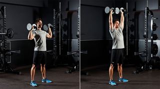 Man demonstrating two positions of the dumbbell overhead press