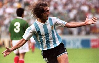 Gabriel Batistuta celebrates a goal for Argentina against Mexico in 1993.