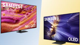 The Samsung QN90F displaying a colorful, abstract image next to the Samsung S90F OLED displaying a colorful depiction of Antelope Canyon