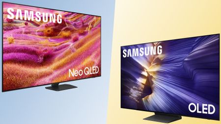 The Samsung QN90F displaying a colorful, abstract image next to the Samsung S90F OLED displaying a colorful depiction of Antelope Canyon