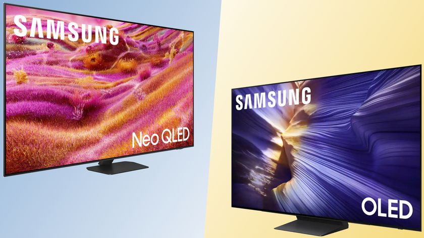 The Samsung QN90F displaying a colorful, abstract image next to the Samsung S90F OLED displaying a colorful depiction of Antelope Canyon