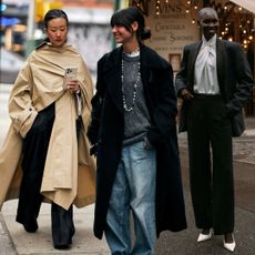 A Future graphic of three women wearing winter outfits featuring a tan trench coat, gray sweater, black coat, black suit, brown suit, gray skirt, white top, and gray blazer