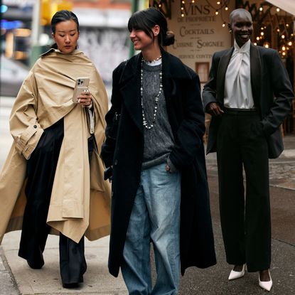 A Future graphic of three women wearing winter outfits featuring a tan trench coat, gray sweater, black coat, black suit, brown suit, gray skirt, white top, and gray blazer