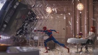 Spider-Man punching a car in a restaurant