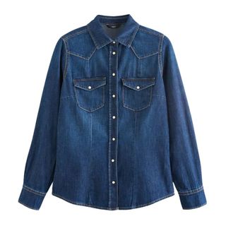 Dark Blue Fuller Bust Seam Detail Fitted Denim Western Shirt