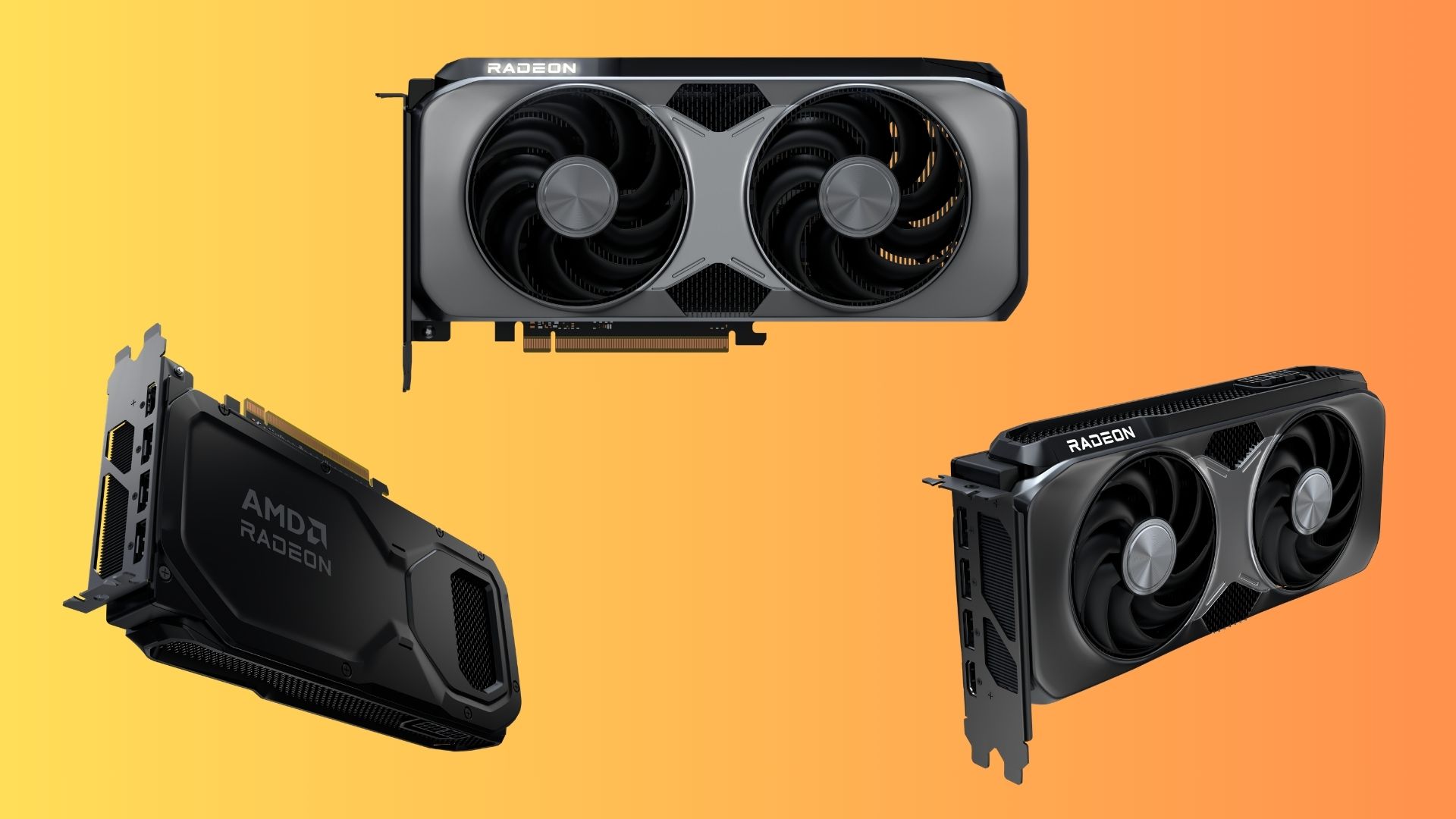 AMD Radeon RX 9070 GRE from the front and back on a yellow gradient background