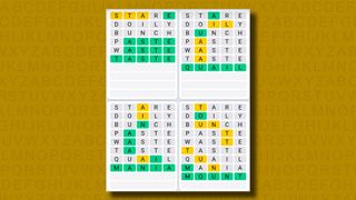 Quordle daily sequence answers for game 861 on a yellow background