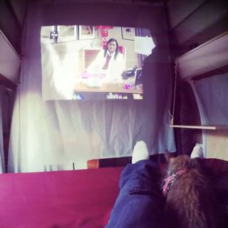van interior with pink bed and projection screens