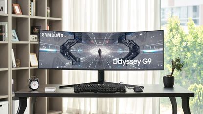 The best ultrawide monitors hero image showing a Samsung Odyssey Neo G9 on a desk