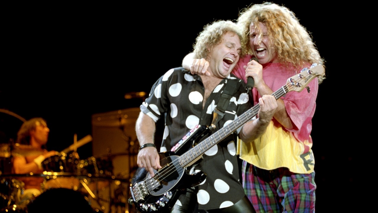 Alex Van Halen, Michael Anthony, and Sammy Hagar of Van Halen perform at Shoreline Amphitheatre on September 13, 1991 in Mountain View, California.