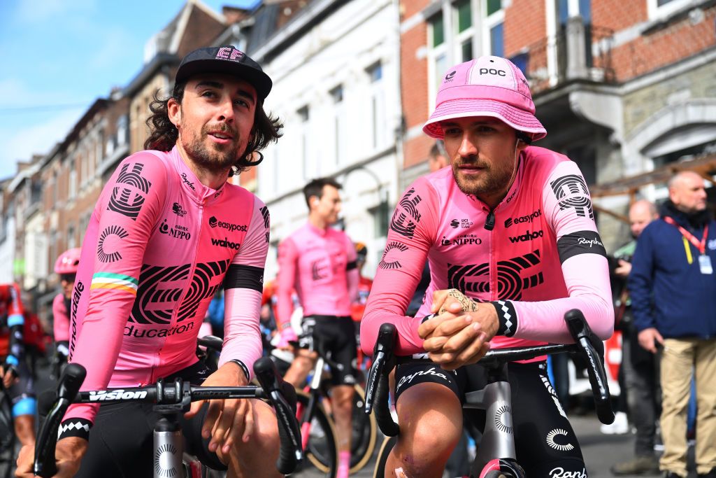 HERVE BELGIUM APRIL 19 Ben Healy of Ireland and James Shaw of The United Kingdom and Team EF EducationEasyPost prior to the 87th La Fleche Wallonne 2023 Mens Elite a 1943km one day race from Herve to Mur de Huy UCIWT on April 19 2023 in Herve Belgium Photo by Luc ClaessenGetty Images