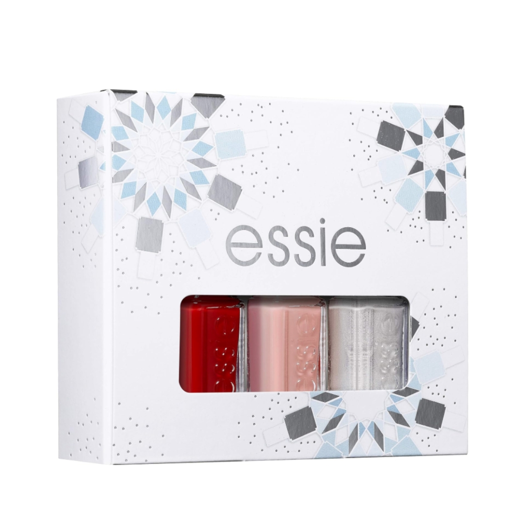 A product shot of the Essie Forever Yummy Red Apres-Chic Silver Nail Polish Winter Wonderland Trio Kit, on a white background