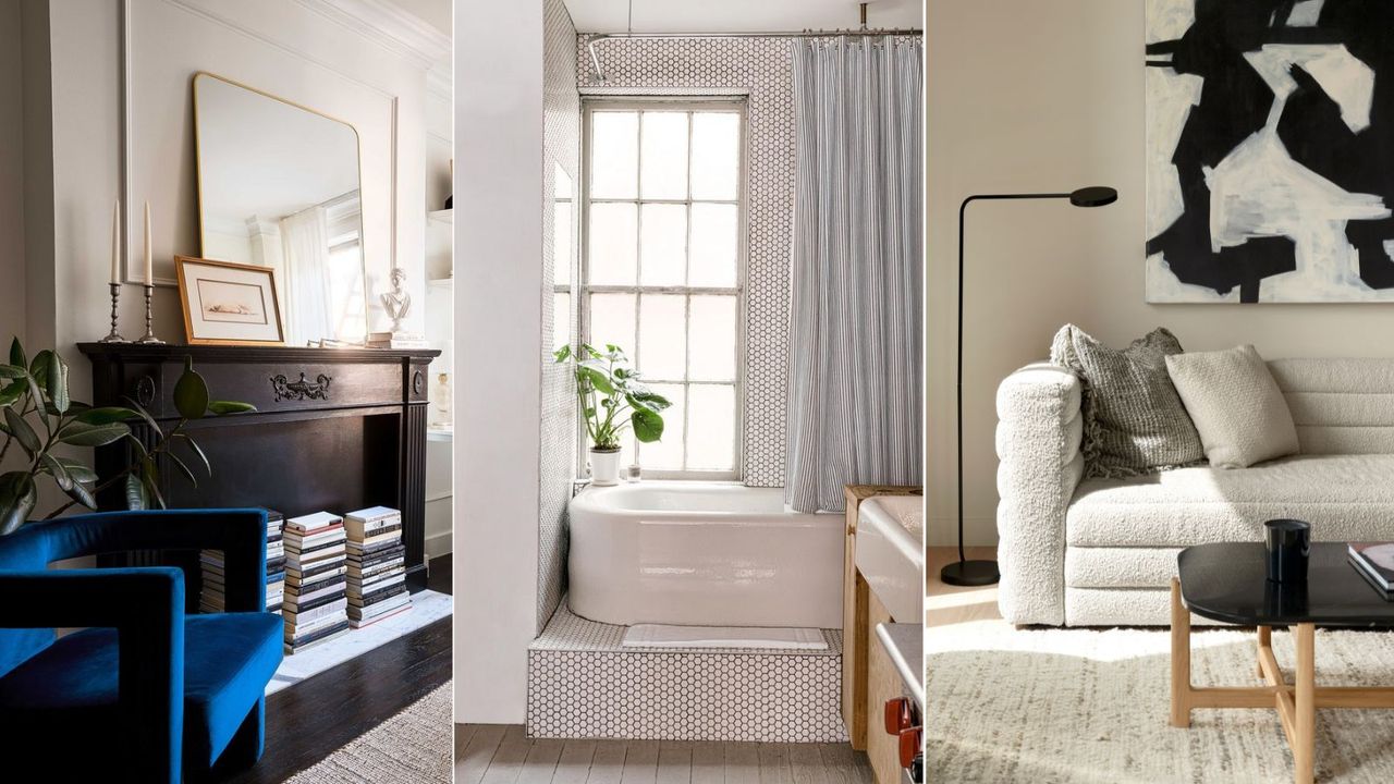 Three spaces from studio apartments: a black fireplace with books stacked inside, a tiled bathtub area, and a living space with a sofa and coffee table