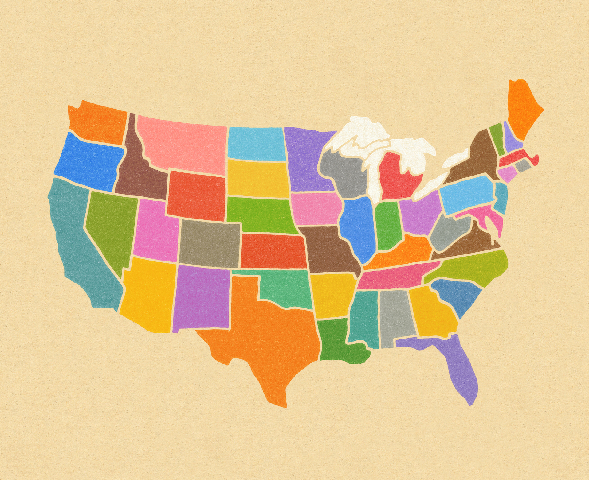 Colorful, illustrated map of mainland United States
