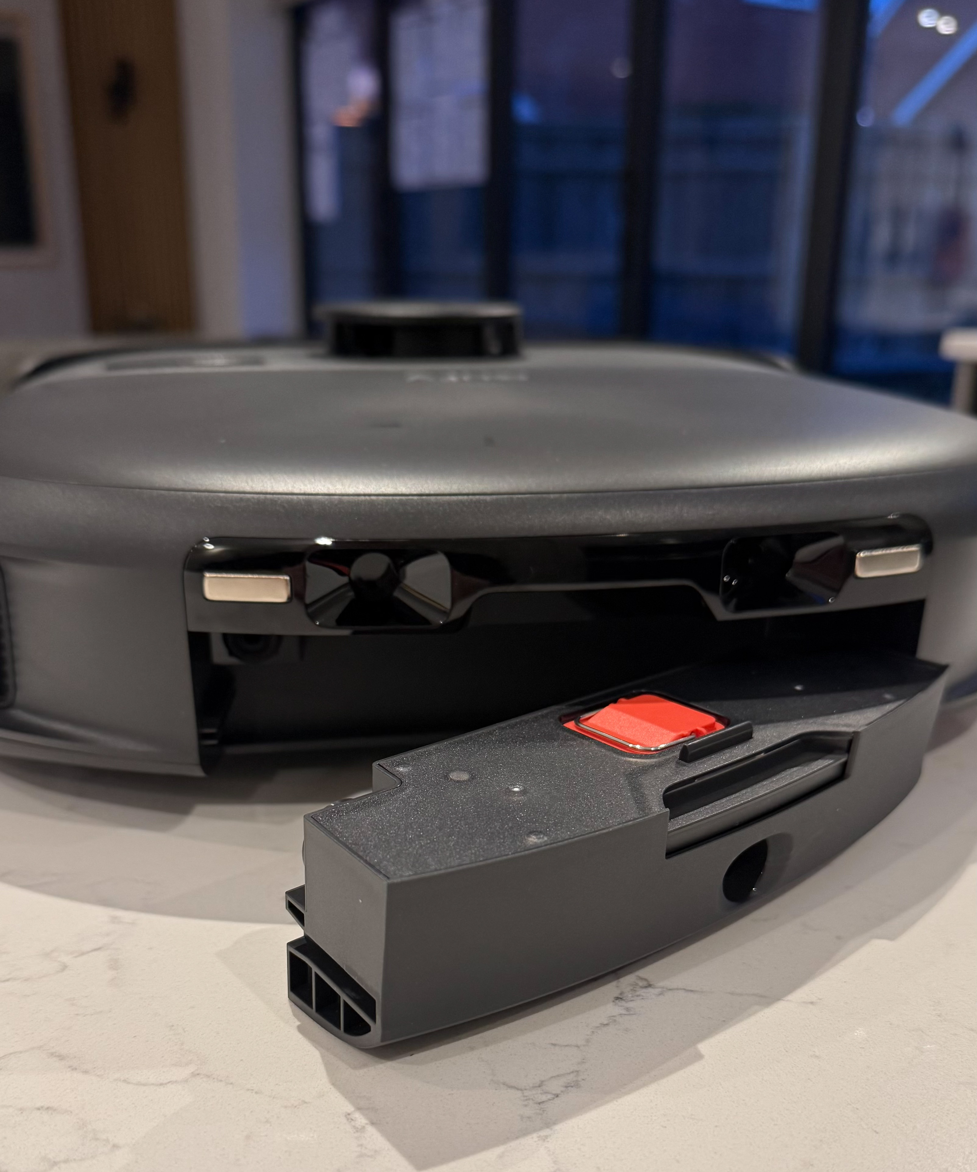 Eufy Omni C28 dust bin filter inside open compartment