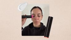 Image of Stephanie using the LYMA Laser, set against a beige background with a product swatch and image of the LYMA Laser