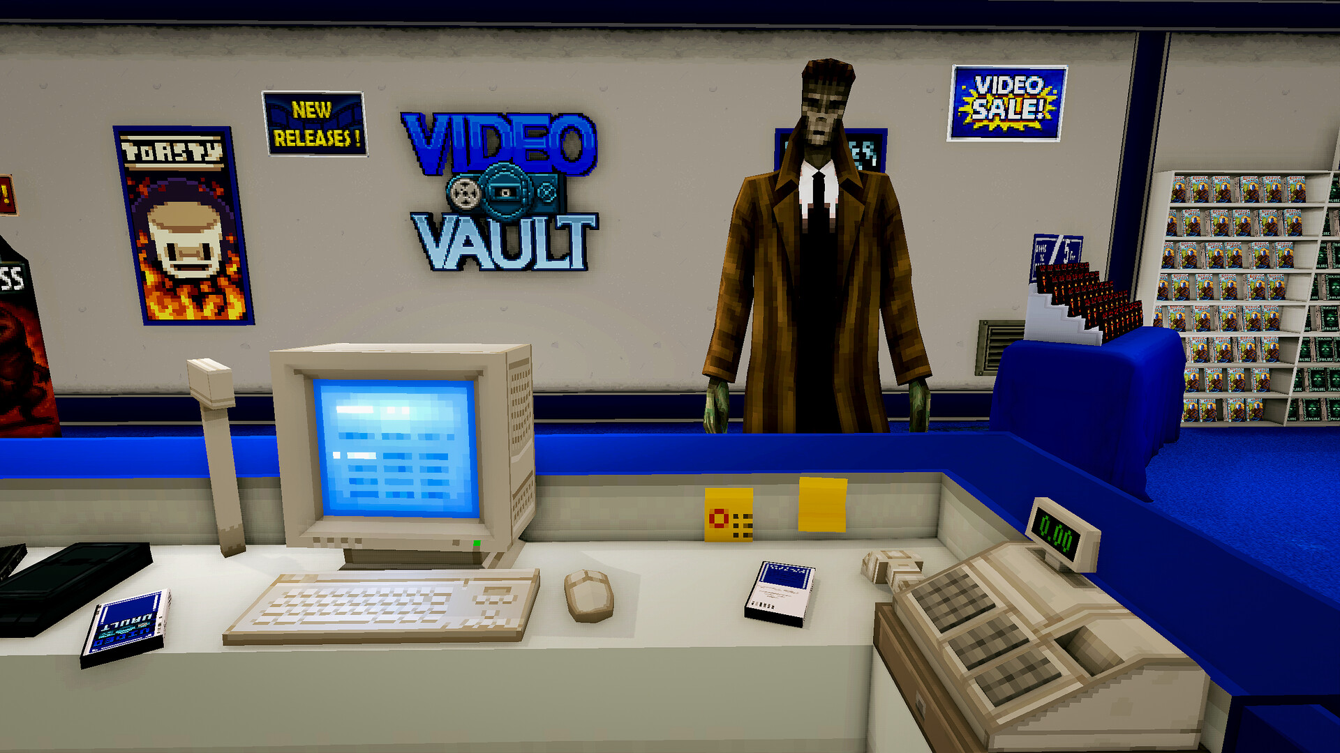 In first-person horror game Victor's Video Vault, an ominous undead-looking figure stands at the desk of a retro 3D video store